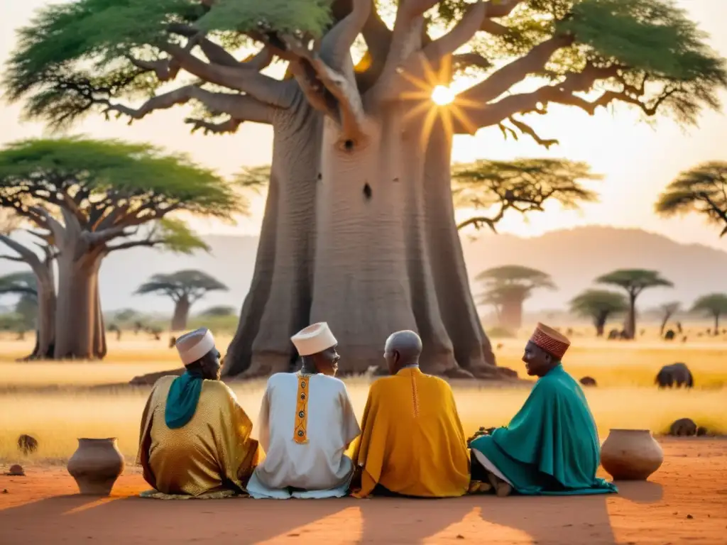 Grupo de ancianos Yoruba bajo un baobab, con sabiduría ancestral Yoruba diáspora africana