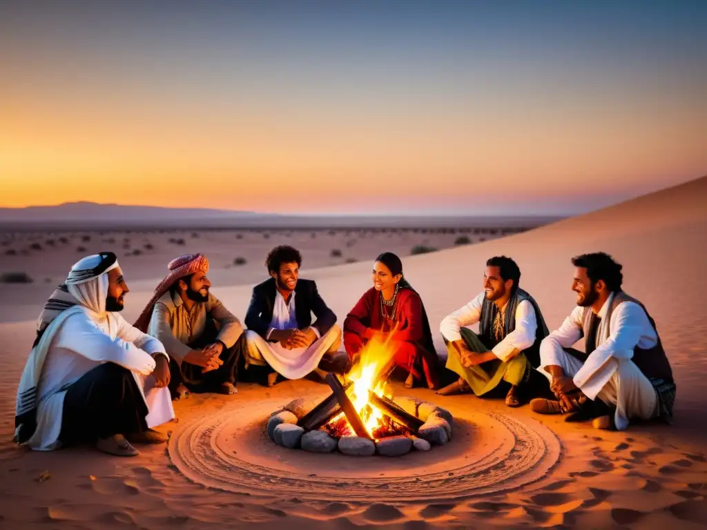 Un grupo de beduinos disfruta de la cultura beduina en el desierto árabe, con sus coloridas vestimentas y una fogata cálida