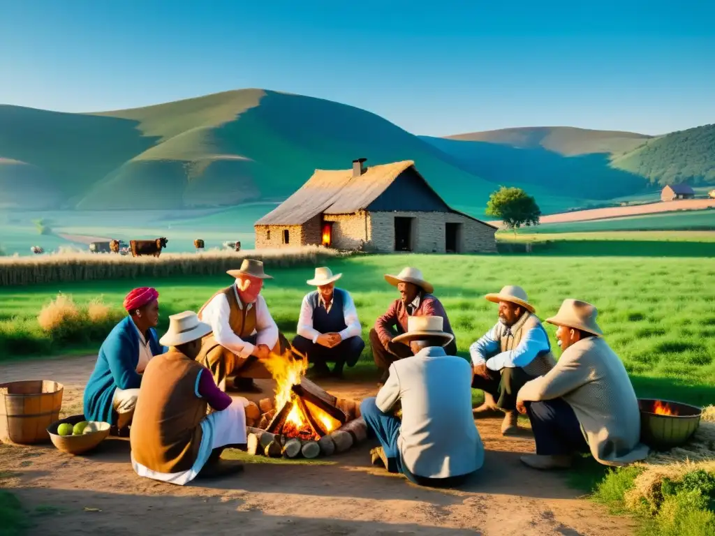 Campesinos locales reunidos alrededor del fuego Grupo de campesinos en atuendo tradicional charlan alrededor de fogata en casa rural, reflejando tradiciones campesinas y encanto rural