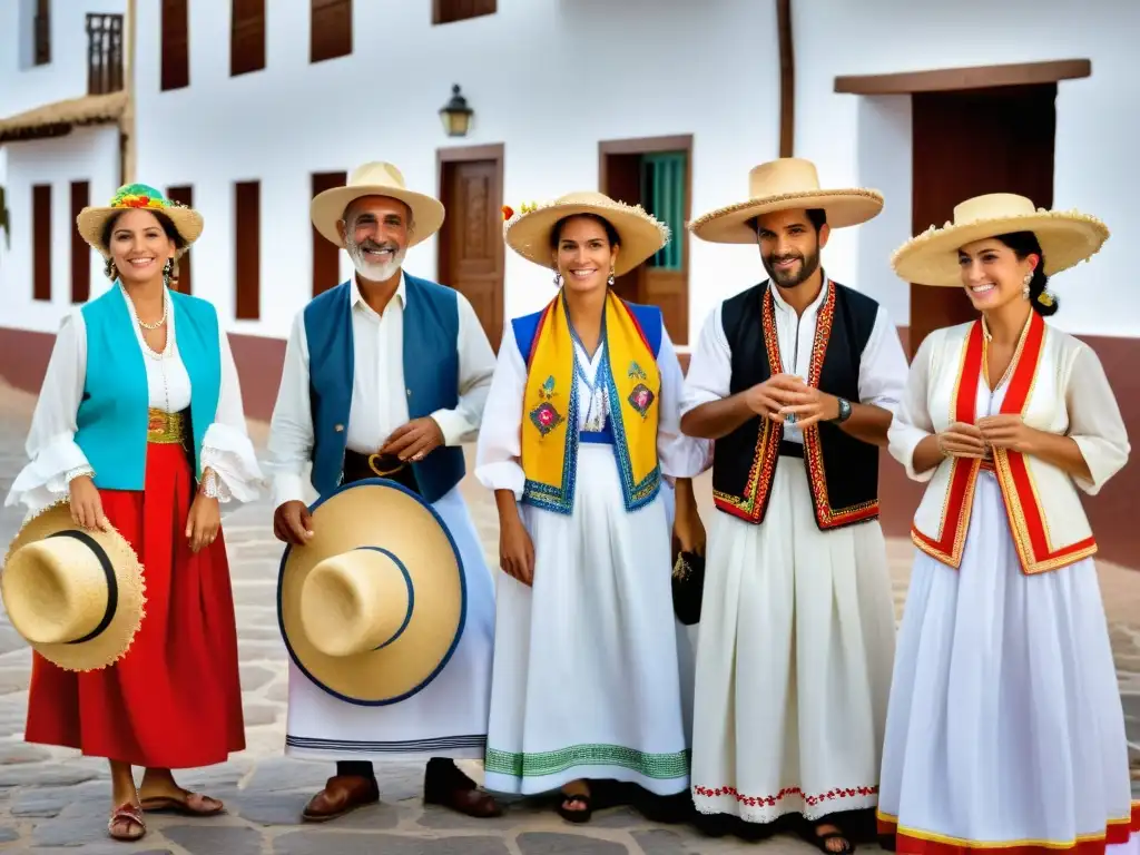 Un grupo de canarios vistiendo el atuendo tradicional de las Islas Canarias, con detalles coloridos y participando en actividades tradicionales