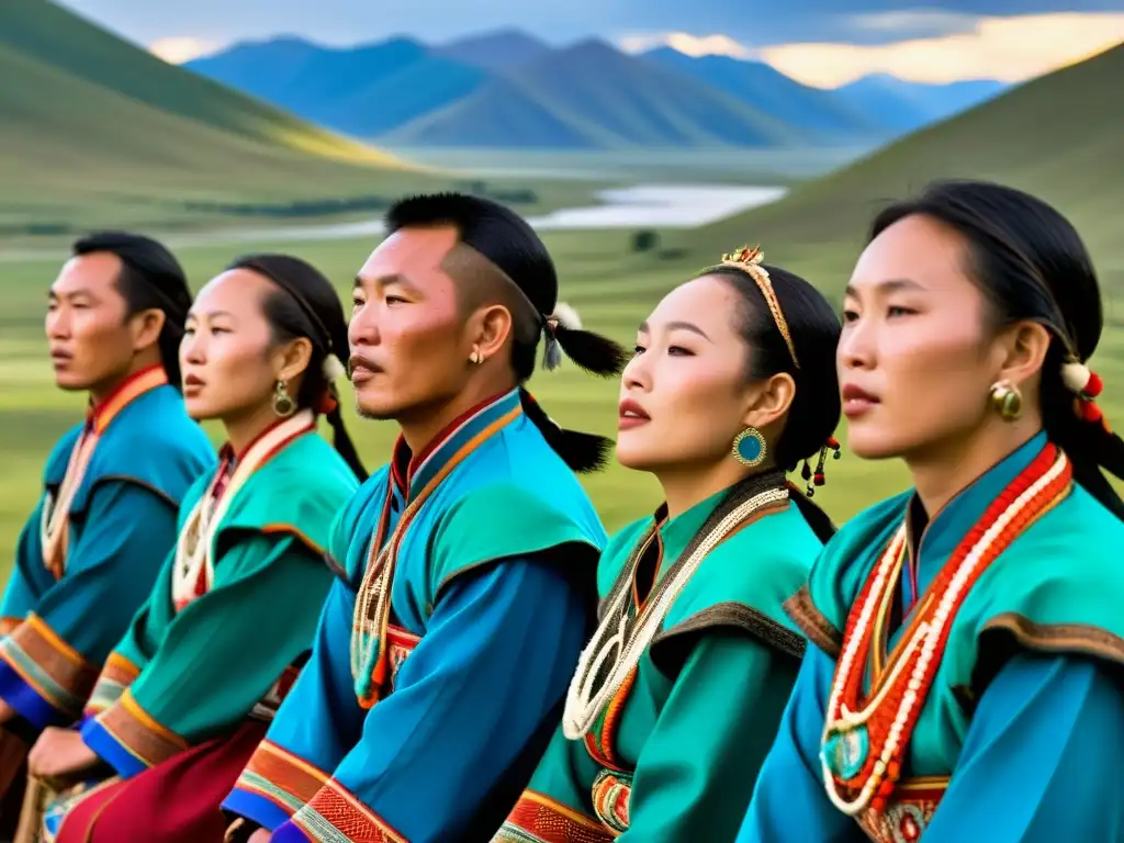 Un grupo de cantantes de garganta tuvanos viste trajes tradicionales, cantando en un paisaje natural de Tuva