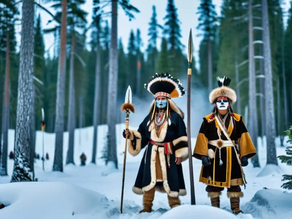 Grupo de cazadores indígenas realizando rituales de caza sagrada en Siberia, rodeados de naturaleza nevada y mística