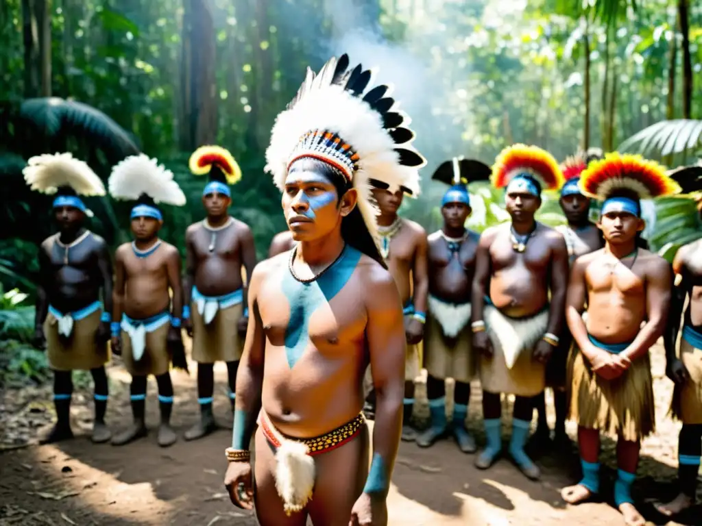 Un grupo de cazadores y recolectores indígenas realiza un ritual de iniciación, con los jóvenes adornados con pintura corporal y tocados de plumas