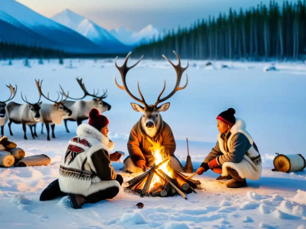 Grupo de cazadores siberianos realizando un ritual de caza de renos en la taiga nevada