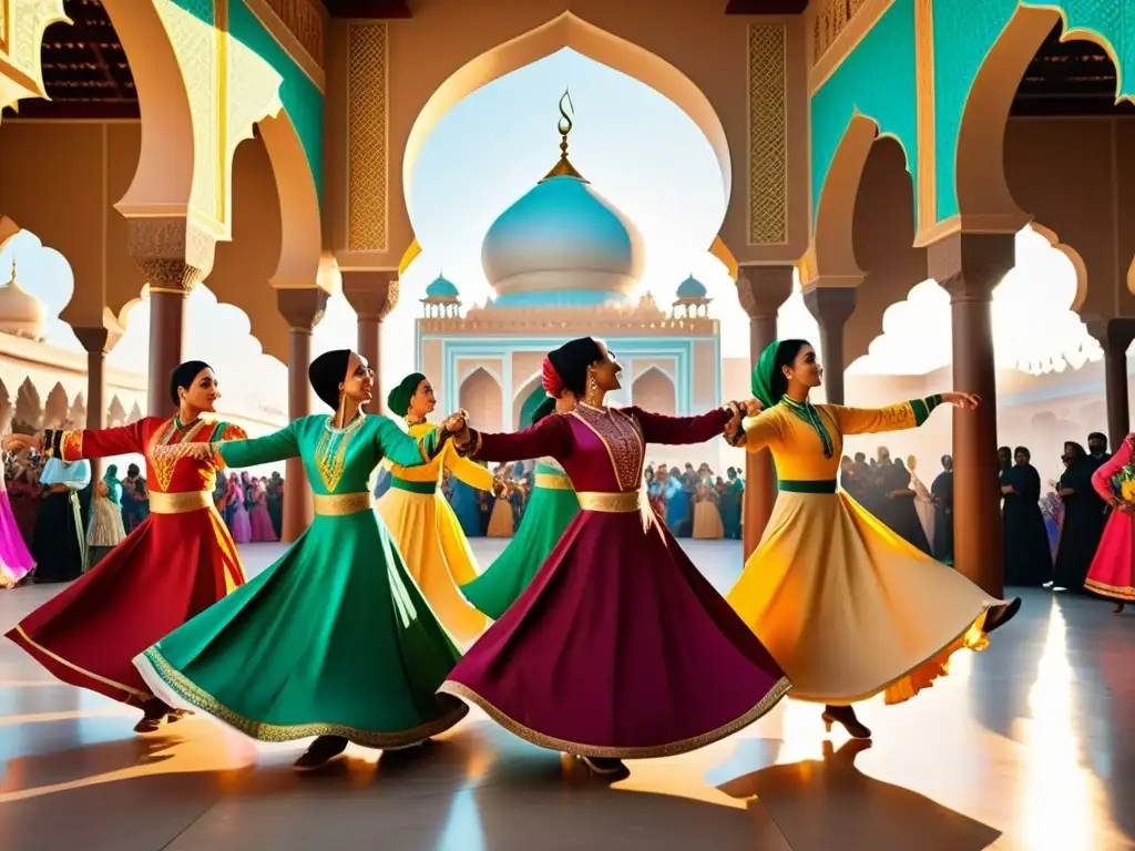 Grupo bailando en celebración islámica, con trajes coloridos, movimientos dinámicos y arquitectura ornamental bajo la luz cálida del sol