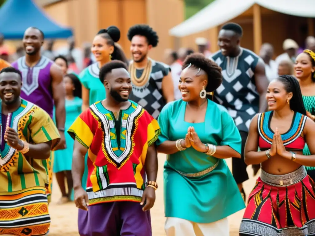 Grupo bailando en ceremonia africana con vestimenta africana Dashiki tradicional, vibrante y llena de energía