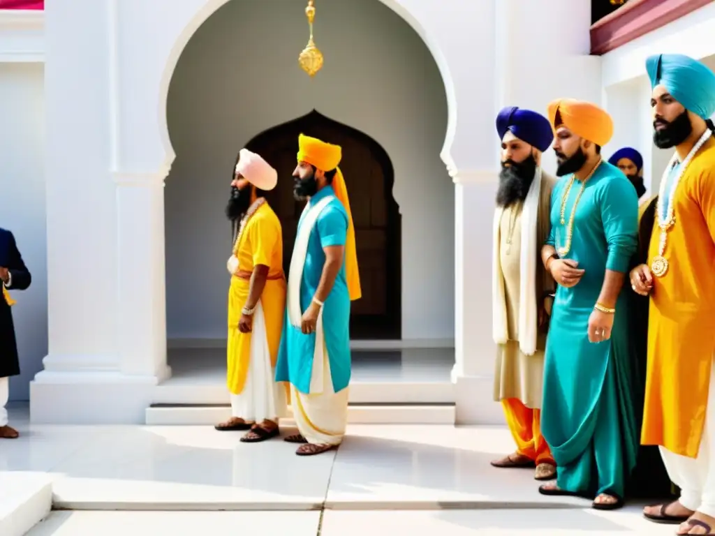 Grupo sij en gurdwara para ceremonia de iniciación Khalsa Sikh, ataviados con coloridos atuendos tradicionales, en escena reverente y poderosa