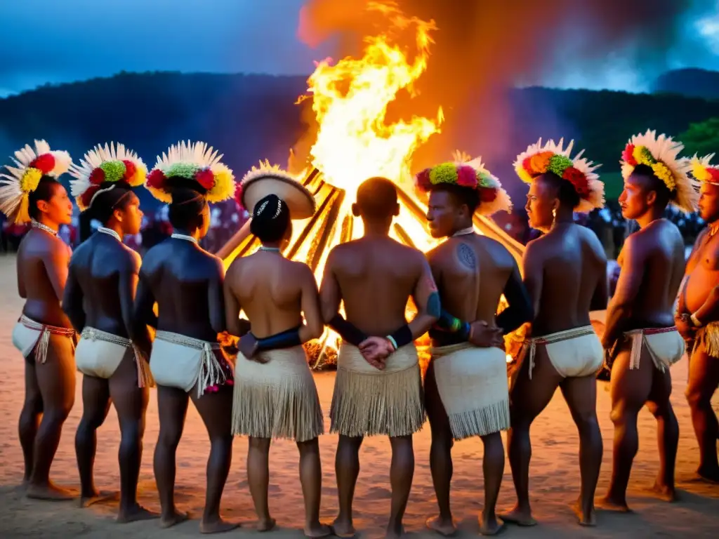 Grupo en ceremonia funeraria Chuuk tradiciones culturales, danza alrededor de fogata con atuendos tradicionales y tatuajes