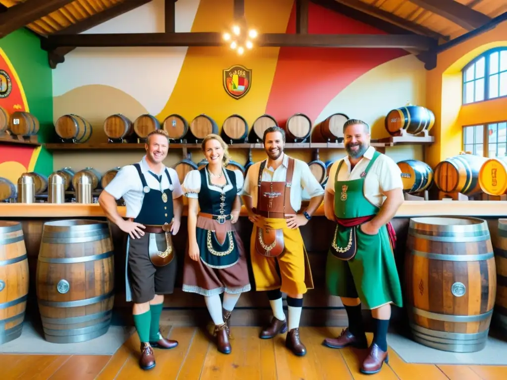 Un grupo de cerveceros tradicionales alemanes en un salón de cerveza histórico, rodeados de barriles de madera, equipo de cobre y murales coloridos