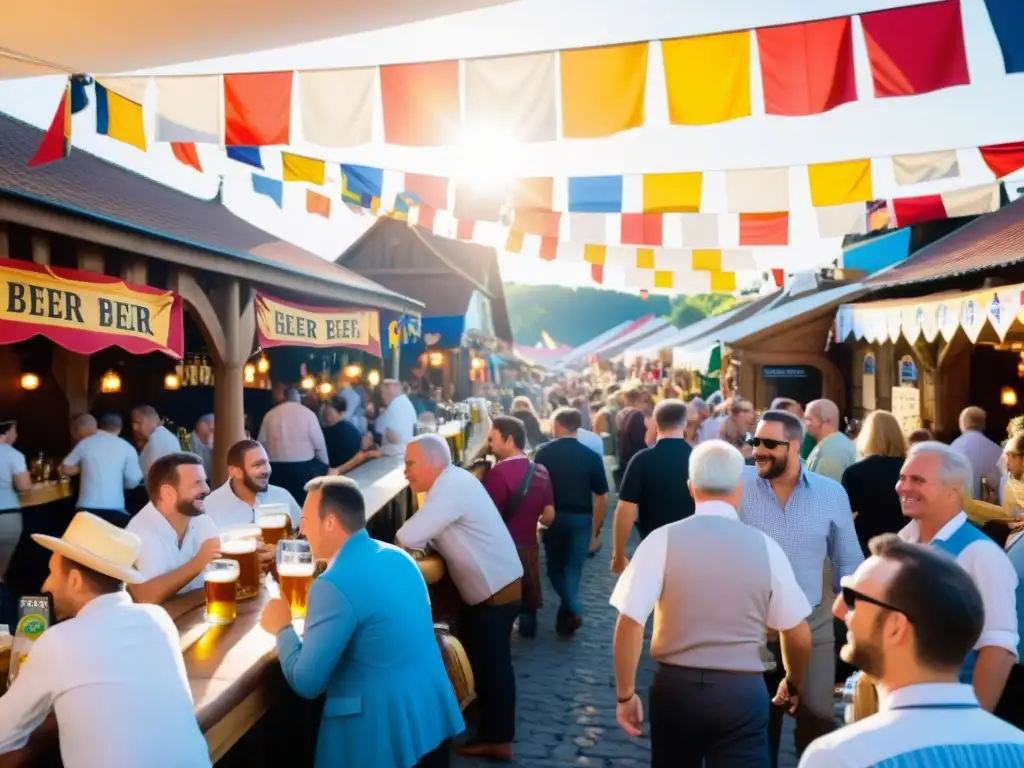 Grupo disfruta cervezas en festival tradicional europeo, celebrando identidad cultural y tradiciones con autenticidad y alegría