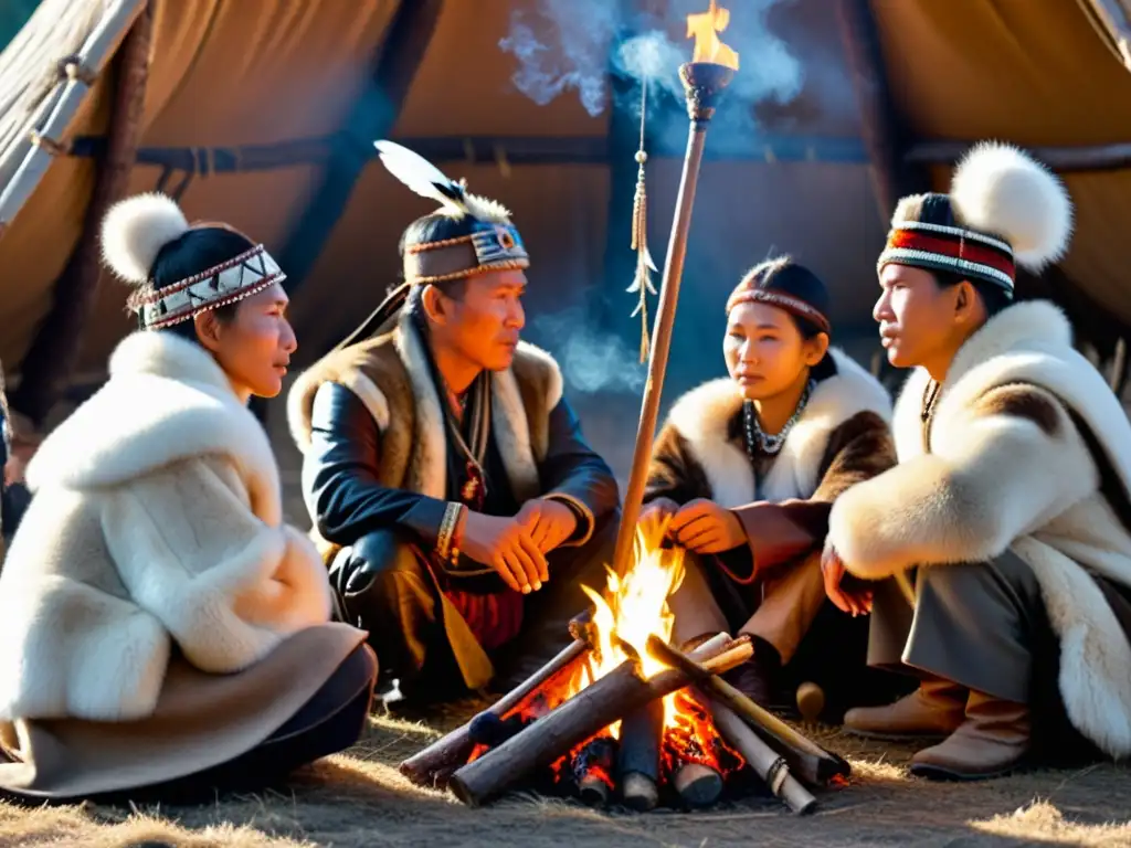 Un grupo de chamanes escucha atentamente a un narrador de mitos y leyendas, en medio de la mística y la comunicación sagrada rituales siberianos