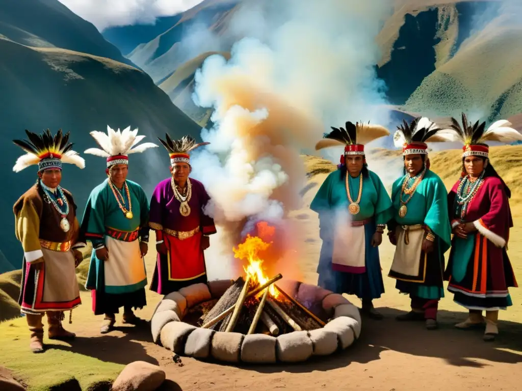 Grupo de chamanes peruanos realizando rituales ancestrales en los Andes, evocando diversidad cultural y espiritual