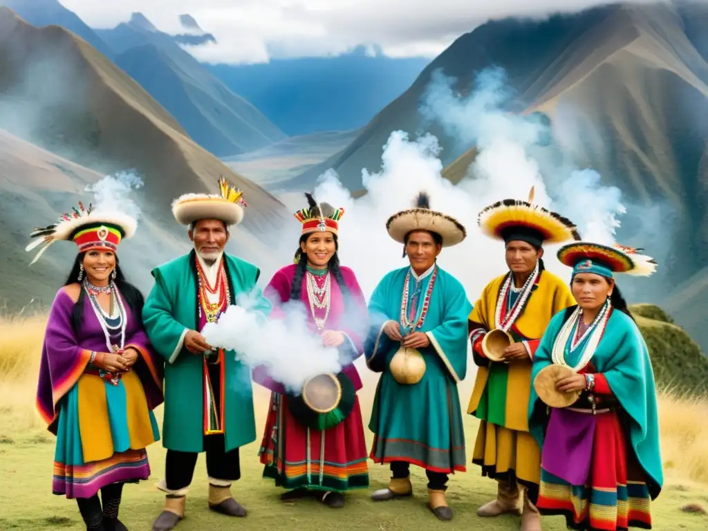 Grupo de chamanes peruanos realizando rituales ancestrales en los Andes, conectados con la diversidad cultural de Perú