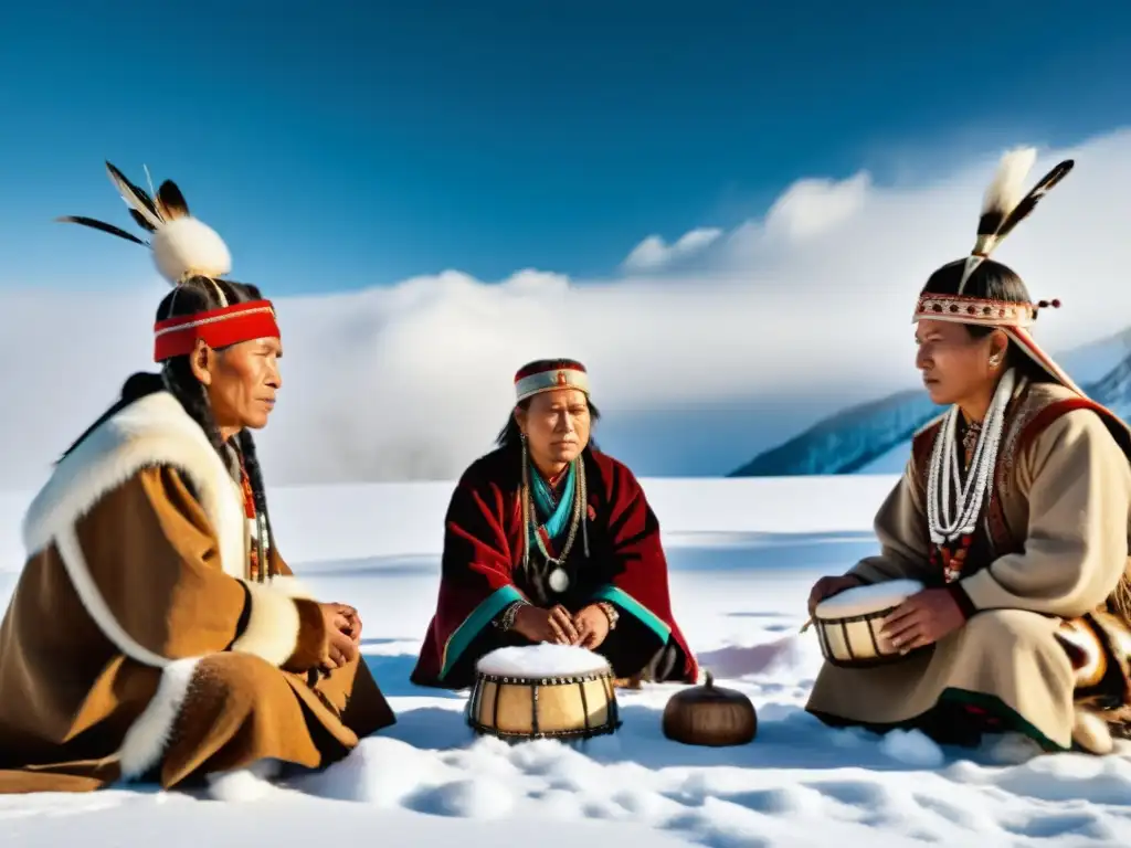 Grupo de chamanes siberianos realizando comunicación sagrada rituales siberianos en un paisaje nevado, capturando la esencia mística y antigua