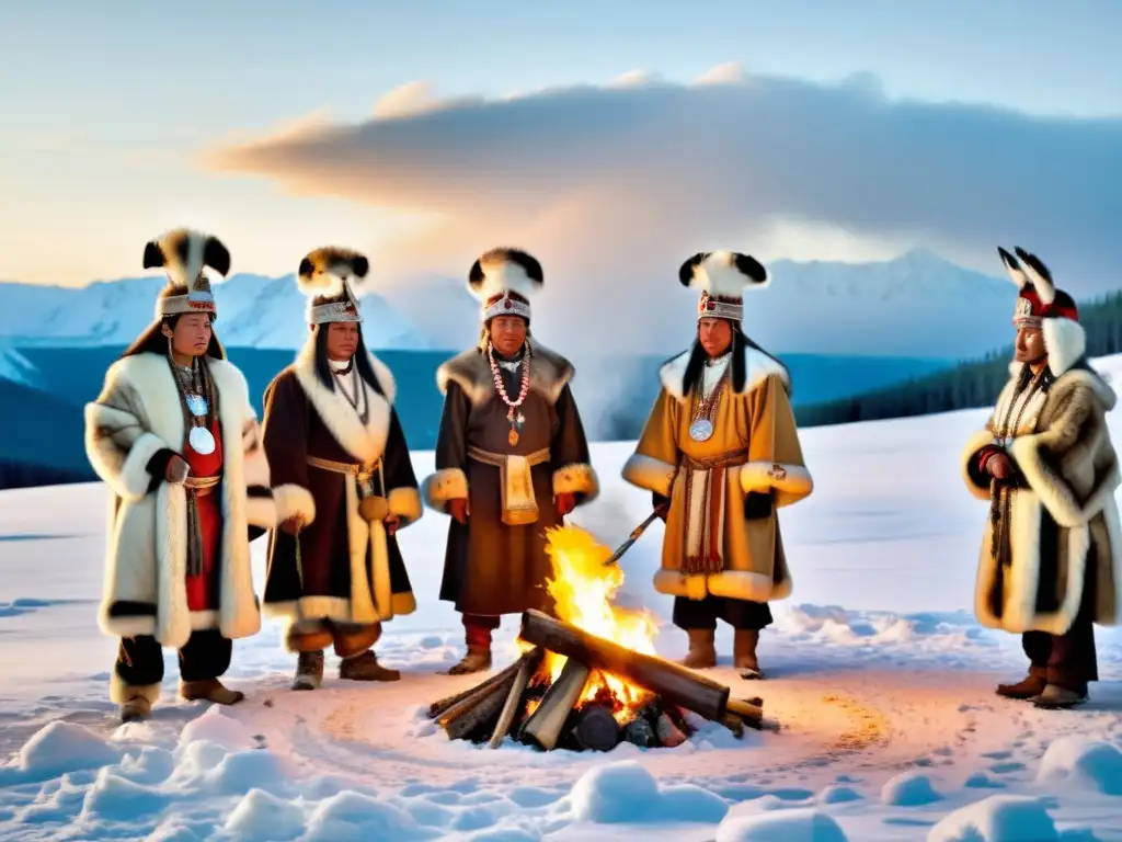 Un grupo de chamanes siberianos realiza ritos chamánicos de iniciación en Siberia, rodeados de nieve y árboles