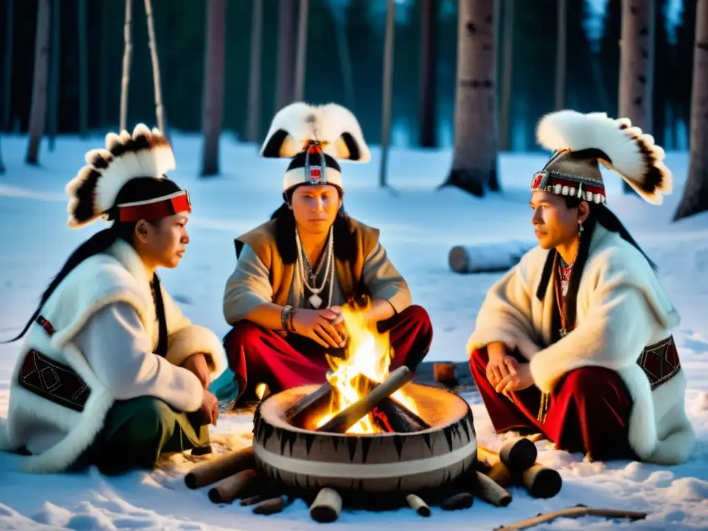 Grupo de chamanes siberianos realizando un ritual de tambor sagrado en el bosque nevado