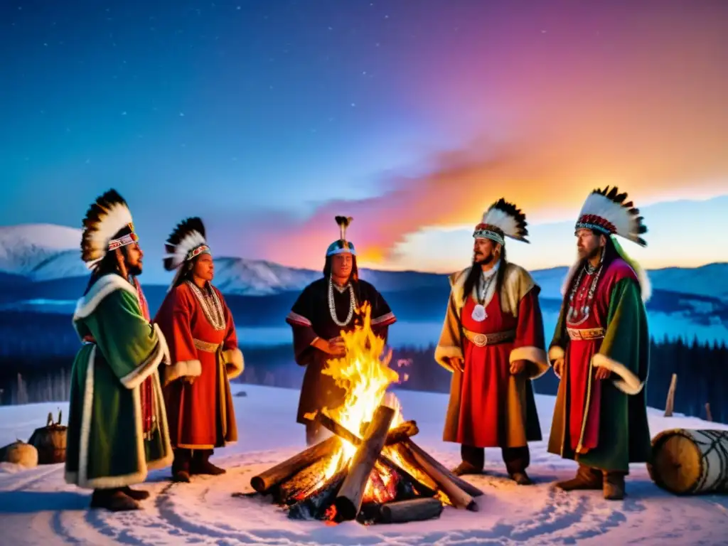 Grupo de chamanes siberianos realizando un ritual sagrado alrededor del fuego en un espacio nevado