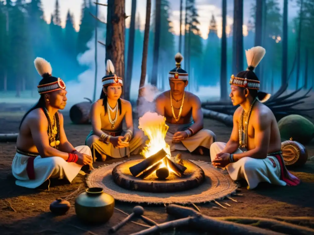 Grupo de chamanes siberianos en ritual sagrado en el bosque al atardecer