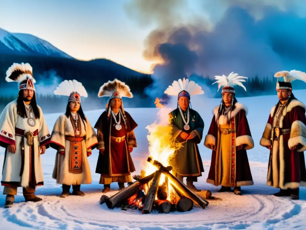 Grupo de chamanes siberianos realizando un ritual alrededor de una fogata, en conexión con la tradición espiritual ancestral del chamanismo siberiano