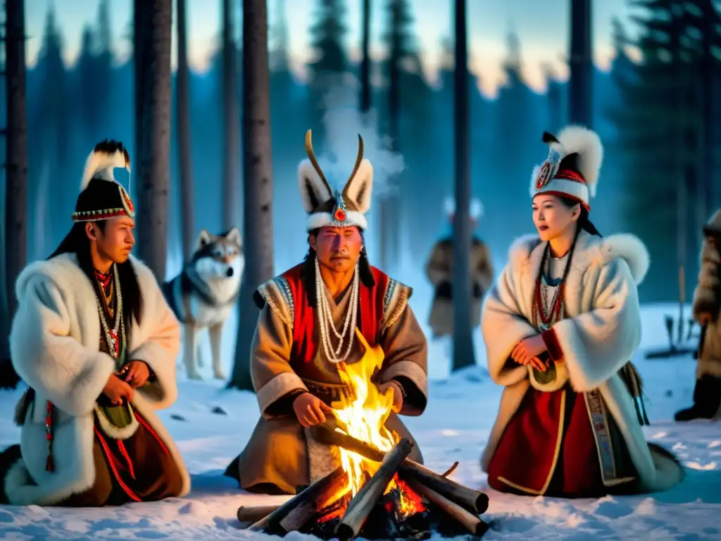 Grupo de chamanes siberianos realizando rituales culturales lobo en el bosque nevado, con danzas y cánticos alrededor de la fogata