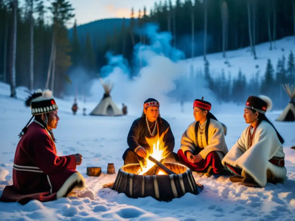 Un grupo de chamanes siberianos, vestidos con atuendos tradicionales, rodea una gran hoguera en un bosque nevado