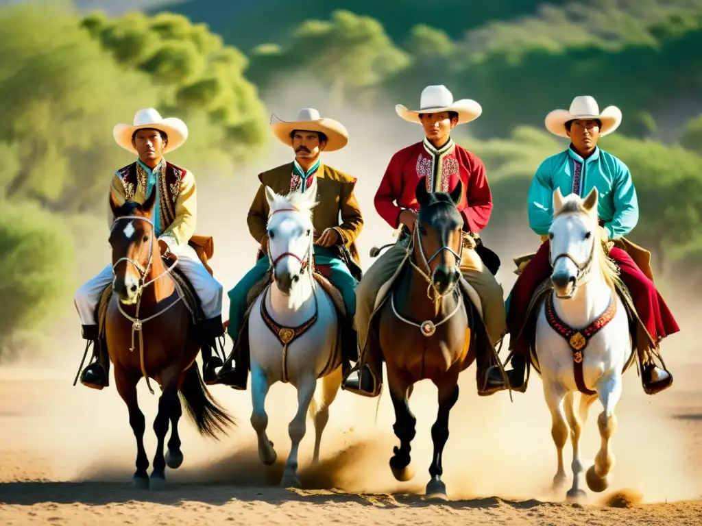 Un grupo de charros y vaqueros en atuendo tradicional montando a caballo en un paisaje polvoriento y soleado