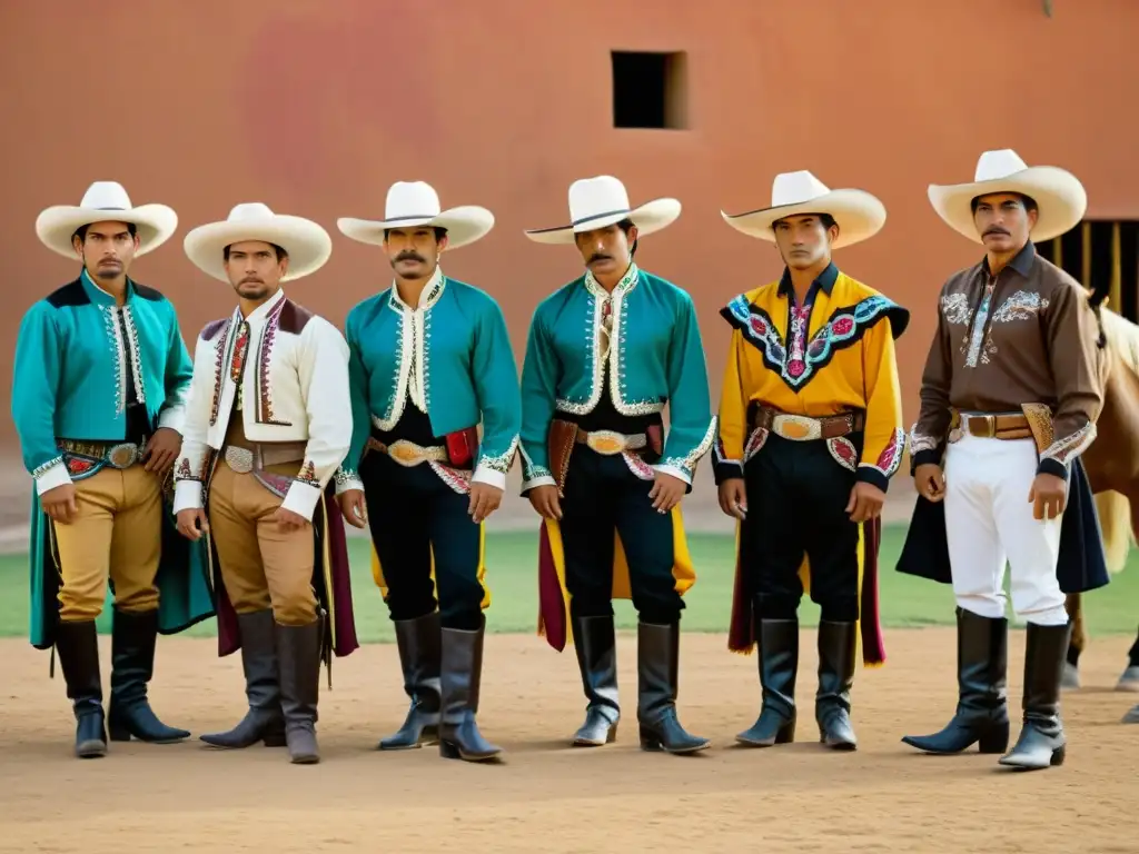 Grupo de charros y vaqueros mexicanos con trajes tradicionales, destacando la influencia mexicana en moda occidental