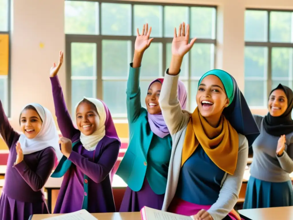 Grupo de chicas con hijabs levantan la mano en aula vibrante y moderna, con libros y pósters