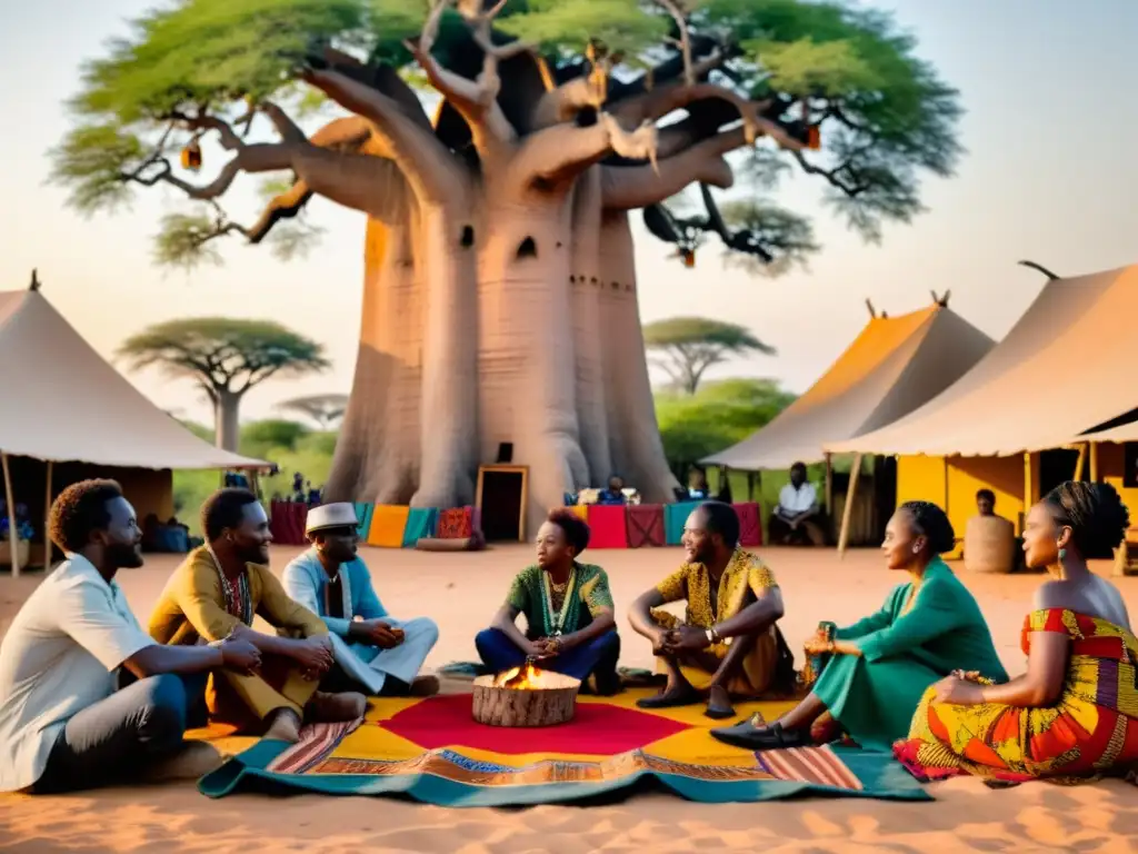 Un grupo de cineastas y actores africanos se reúnen bajo un baobab en un animado festival de cine en África francófona