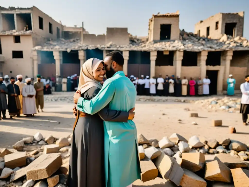 Grupo celebrando Eid en ciudad devastada, mostrando desafíos celebrar Eid conflictos con esperanza y resiliencia