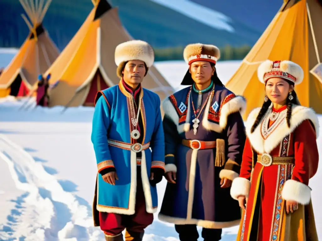 Grupo Sami viste colorida vestimenta tradicional Europa, en paisaje nevado al atardecer