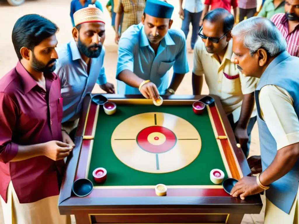 Grupo concentrado juega carrom en animado mercado indio, reflejando su arraigo cultural como juego de carrom en India