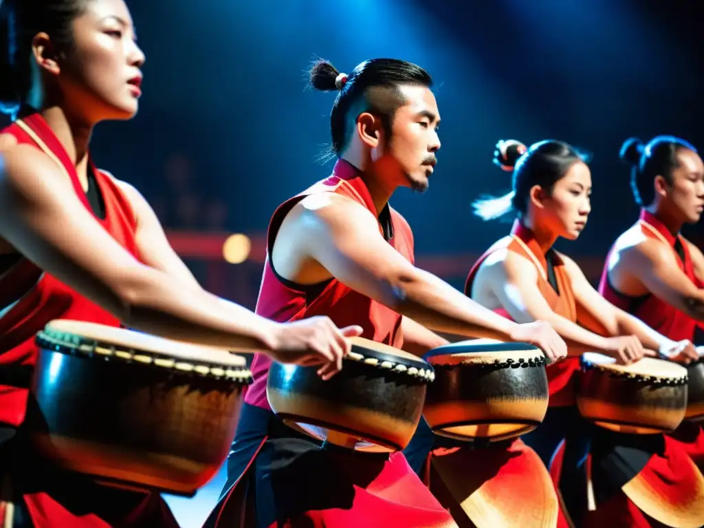 Un grupo de taiko contemporáneo en Japón, con intensidad y pasión, vistiendo atuendos tradicionales, tocando los tambores con precisión