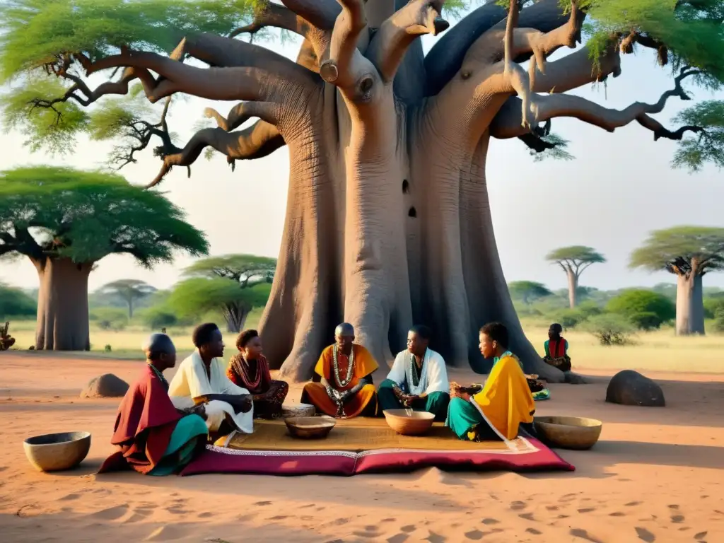 Un grupo de curanderos tradicionales en África Francófona se reúne bajo un baobab para clasificar hierbas medicinales