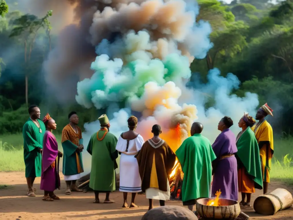 Un grupo de curanderos tradicionales en África Francófona realiza un ritual de sanación alrededor de una fogata en la exuberante selva