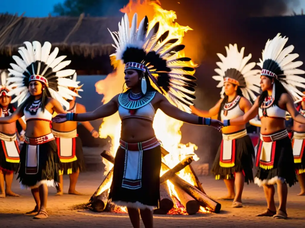 Grupo de danzantes aztecas con trajes tradicionales alrededor de una fogata, en el Ritual del Fuego Nuevo Azteca