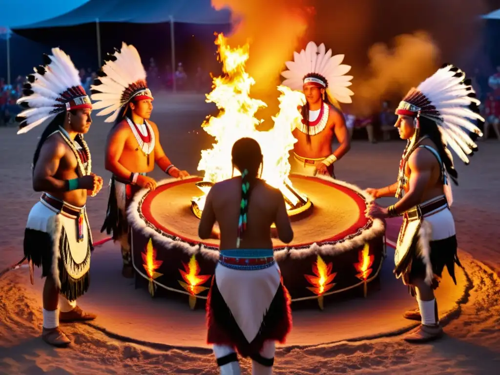 Grupo de danzas sagradas nativos americanos alrededor del fuego, con coloridos atuendos tradicionales y expresiones de profunda conexión espiritual