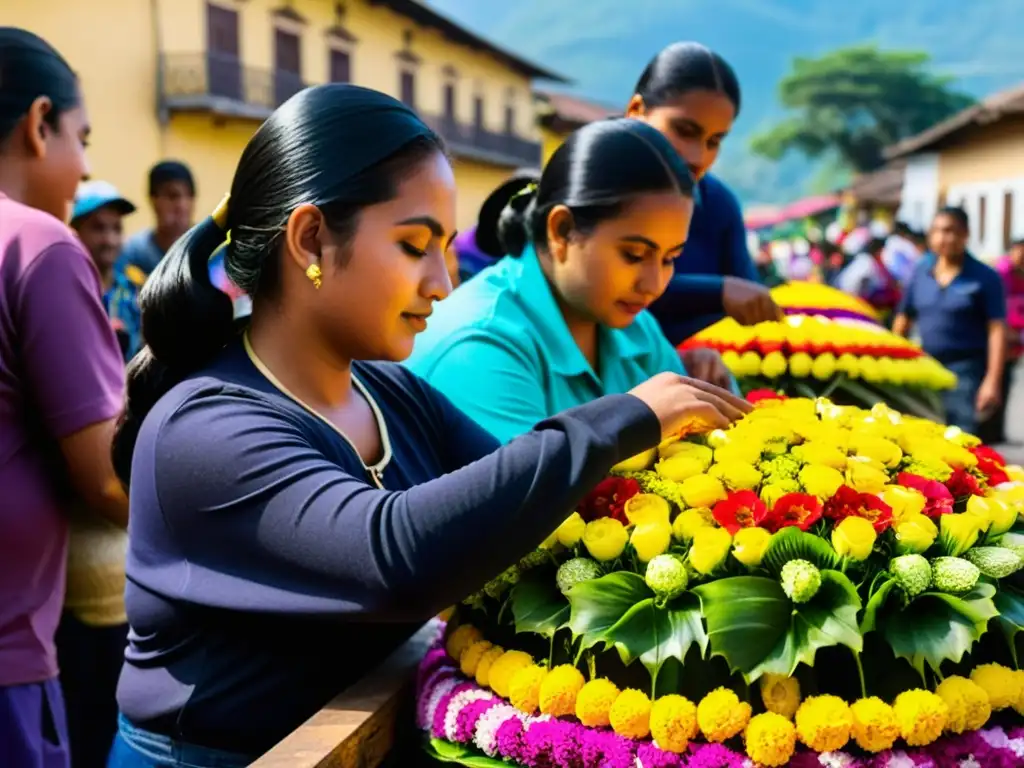 Preparación dedicada para Semana Santa en Antigua Guatemala Grupo dedicado decora coloridos y detallados altares para Procesiones Semana Santa Antigua Guatemala, reflejando devoción y tradición