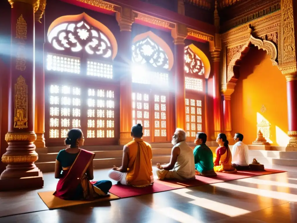 Un grupo de devotos hindúes recita mantras en un templo hindú en la India, inmersos en la atmósfera espiritual y cultural de la ceremonia