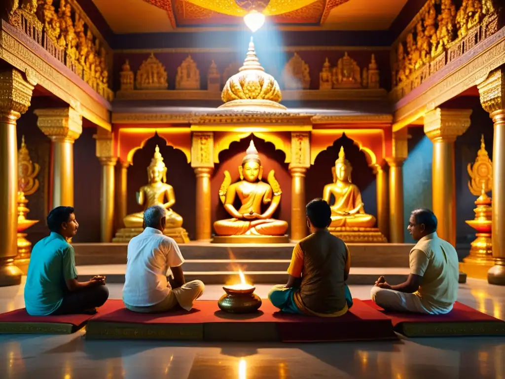 Un grupo de devotos entonando mantras en un templo hindú de la India, rodeados de ornamentadas esculturas y pinturas vibrantes de deidades