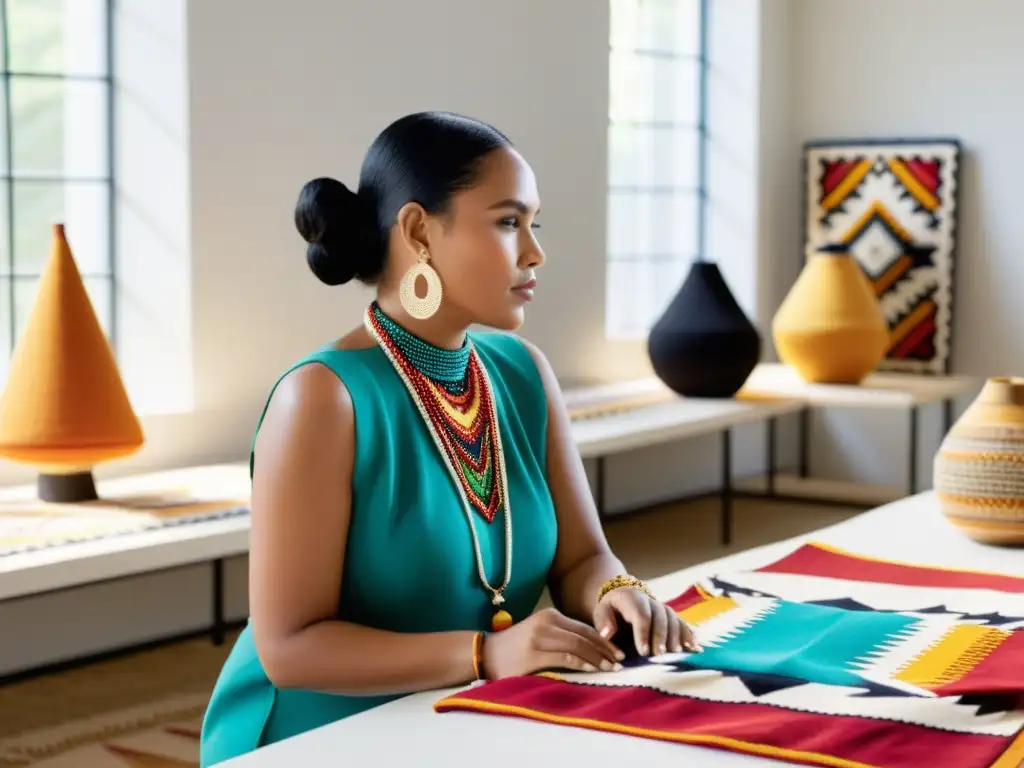 Un grupo de diseñadores y artesanos indígenas colaboran apasionadamente en un estudio iluminado por el sol, rodeados de textiles vibrantes, intrincados bordados y joyería artesanal