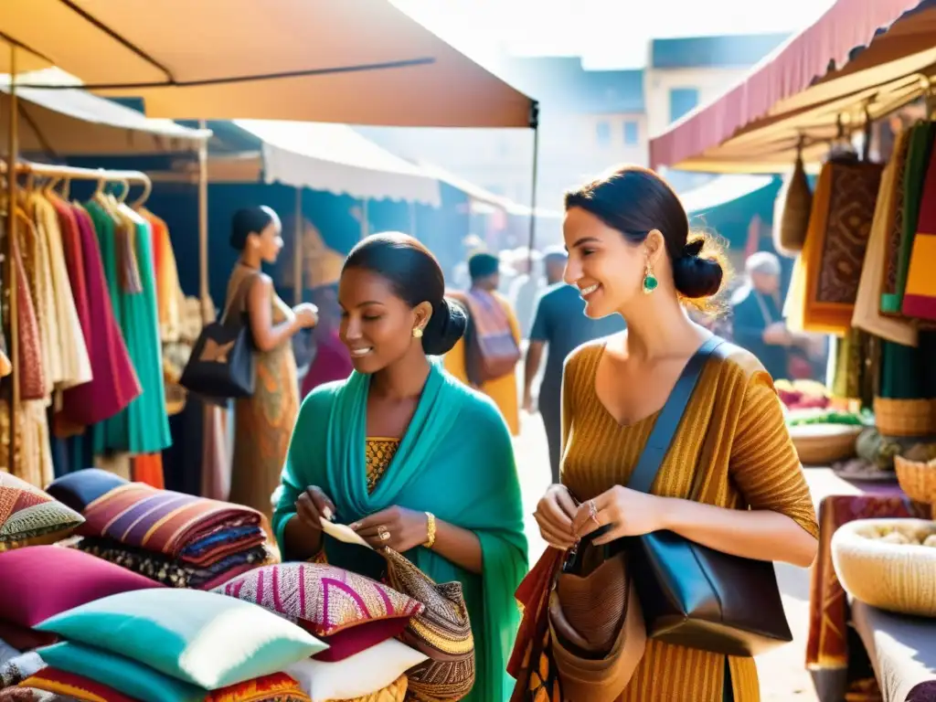 Grupo de diseñadores de moda internacional en mercado étnico, vibrantes telas y creatividad