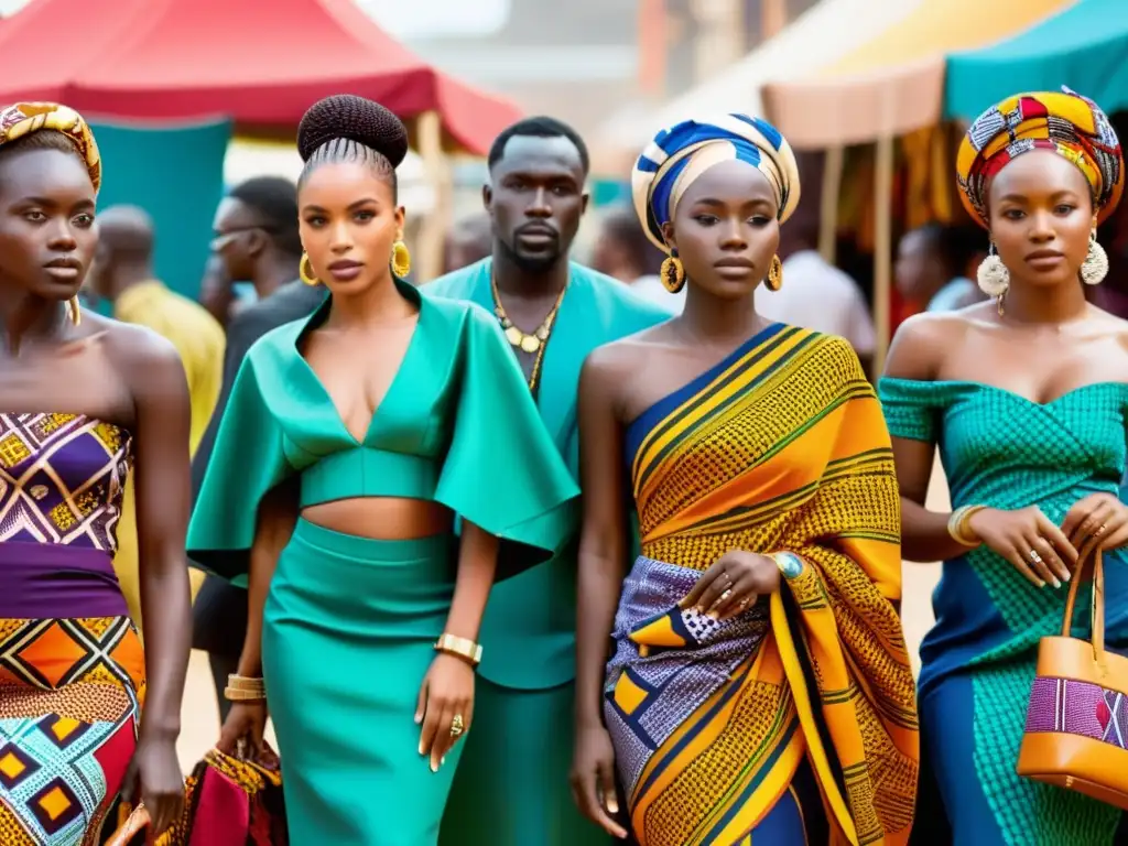 Grupo de diseñadores de moda textil africana tradicional en animado mercado, exhibiendo coloridos textiles y prendas con patrones e intensos colores, fusionando elementos modernos y tradicionales en un escenario vibrante y auténtico, bajo la cálida luz del sol