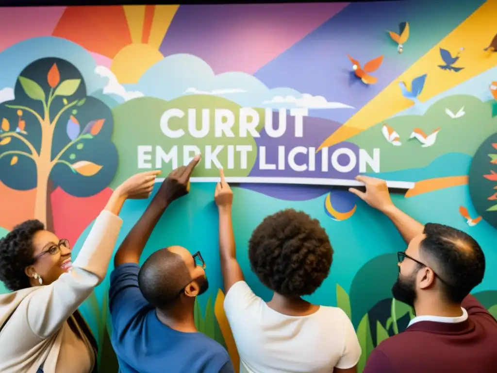 Un grupo diverso participa activamente en una actividad educativa en una exposición de arte, explorando un mural colorido que narra historias étnicas