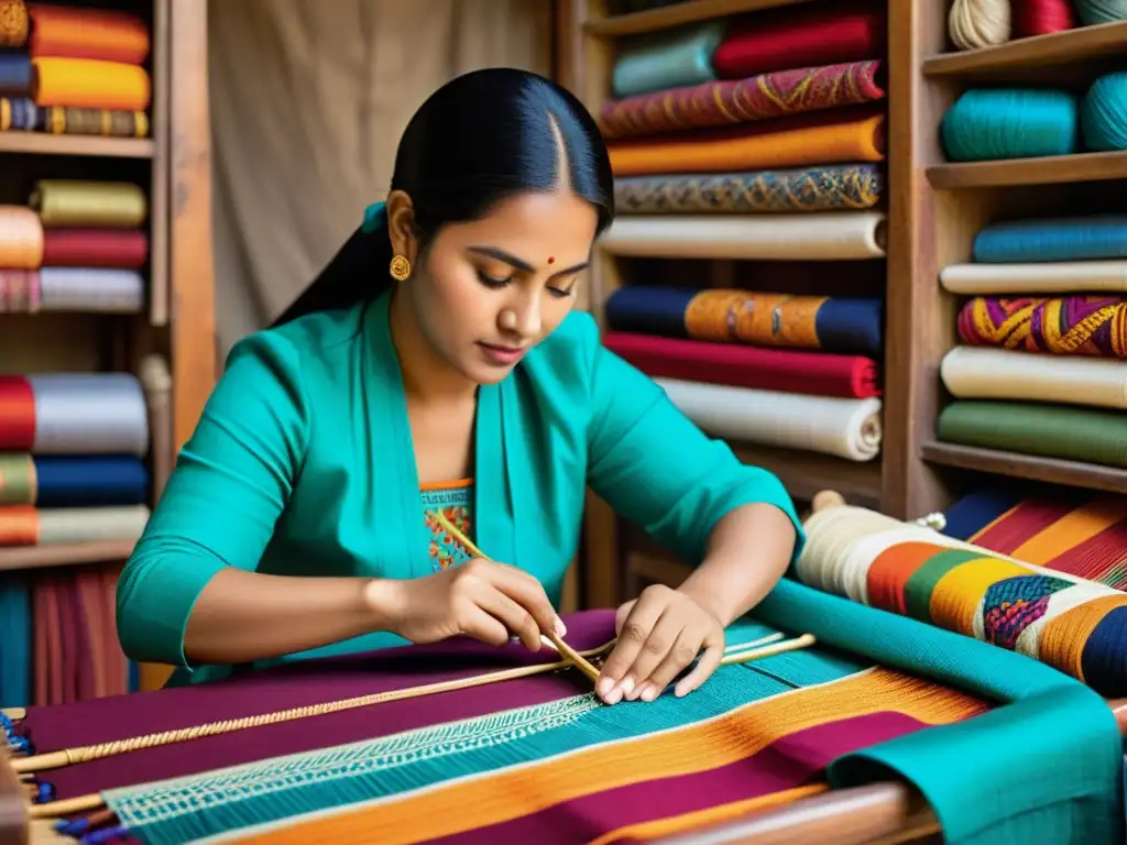 Un grupo diverso de artesanos crea moda étnica artesanal global con habilidad y dedicación, rodeados de colores y texturas vibrantes