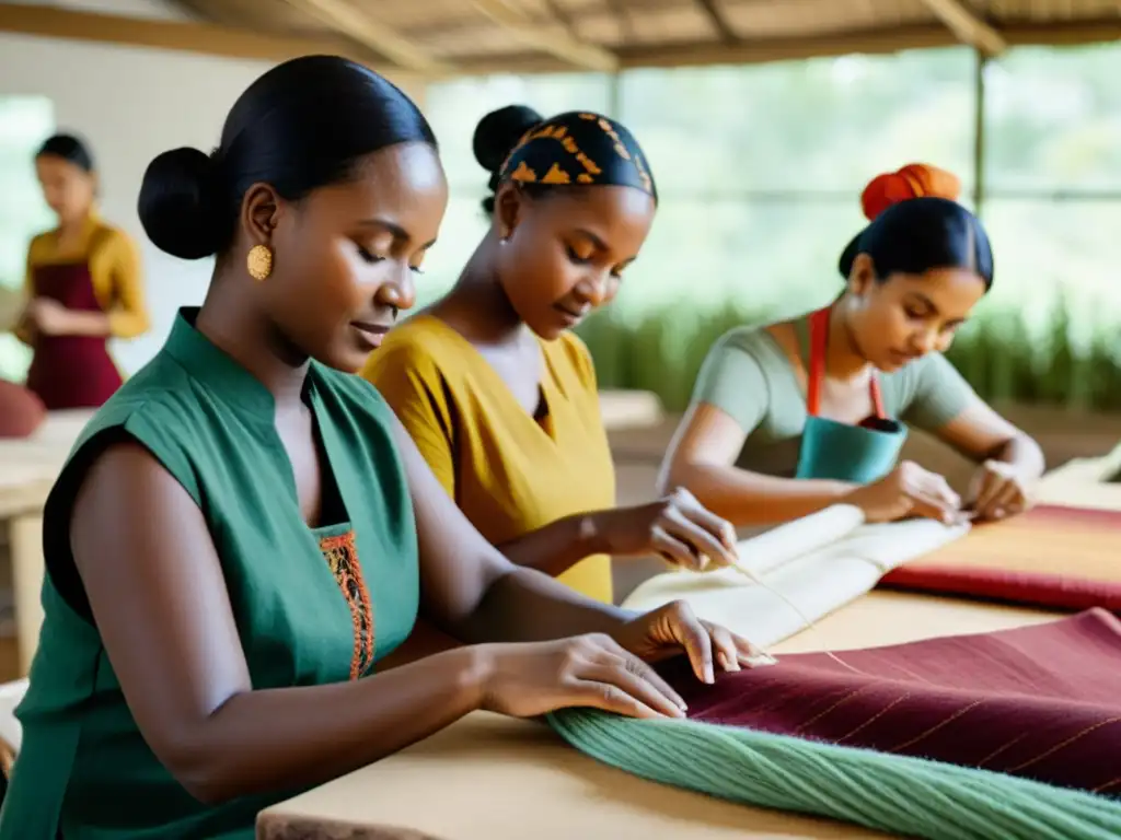 Un grupo diverso de artesanos trabaja en un taller de moda sostenible, creando trajes típicos con técnicas tradicionales y materiales sostenibles