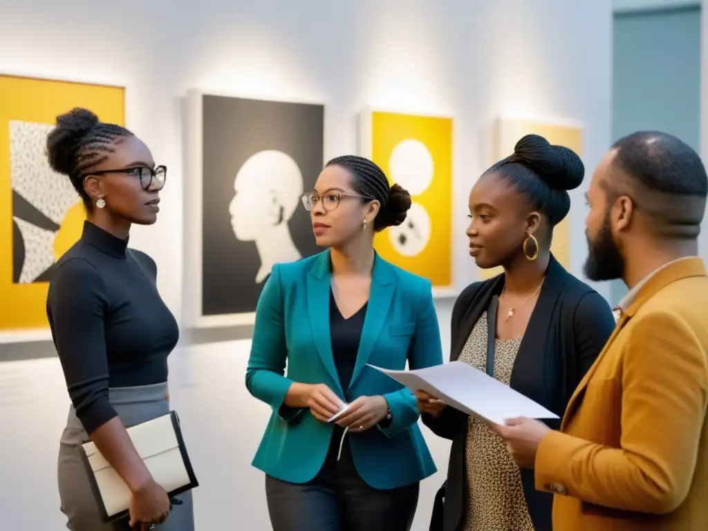 Grupo diverso de artistas y curadores inmersos en apasionada conversación sobre exposiciones arte que narran historias étnicas