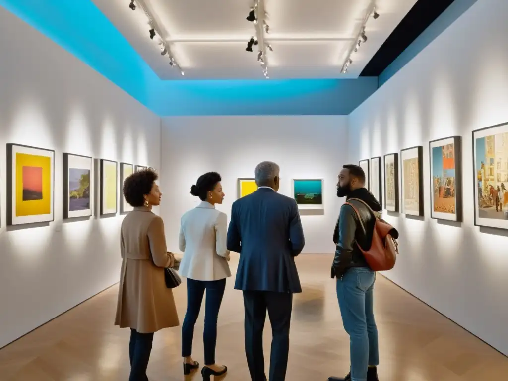 Un grupo diverso de coleccionistas de arte explora una galería contemporánea llena de obras tradicionales, modernas y digitales