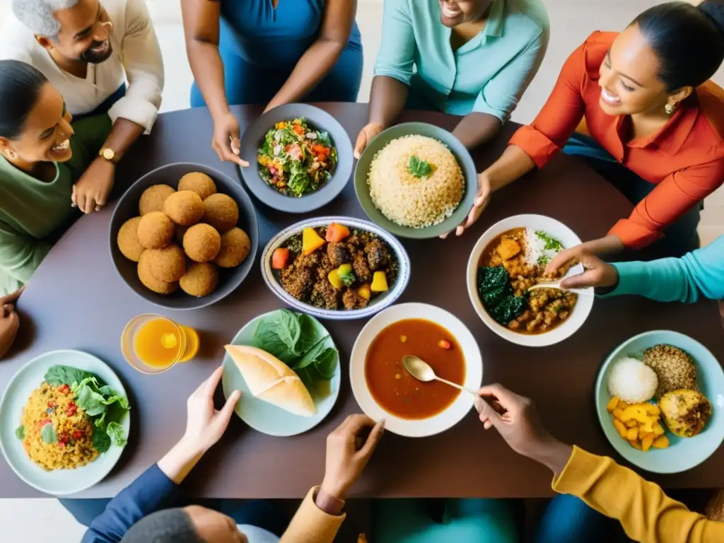 Un grupo diverso comparte comida y experiencias, reflejando el análisis de identidad cultural a través de la comida