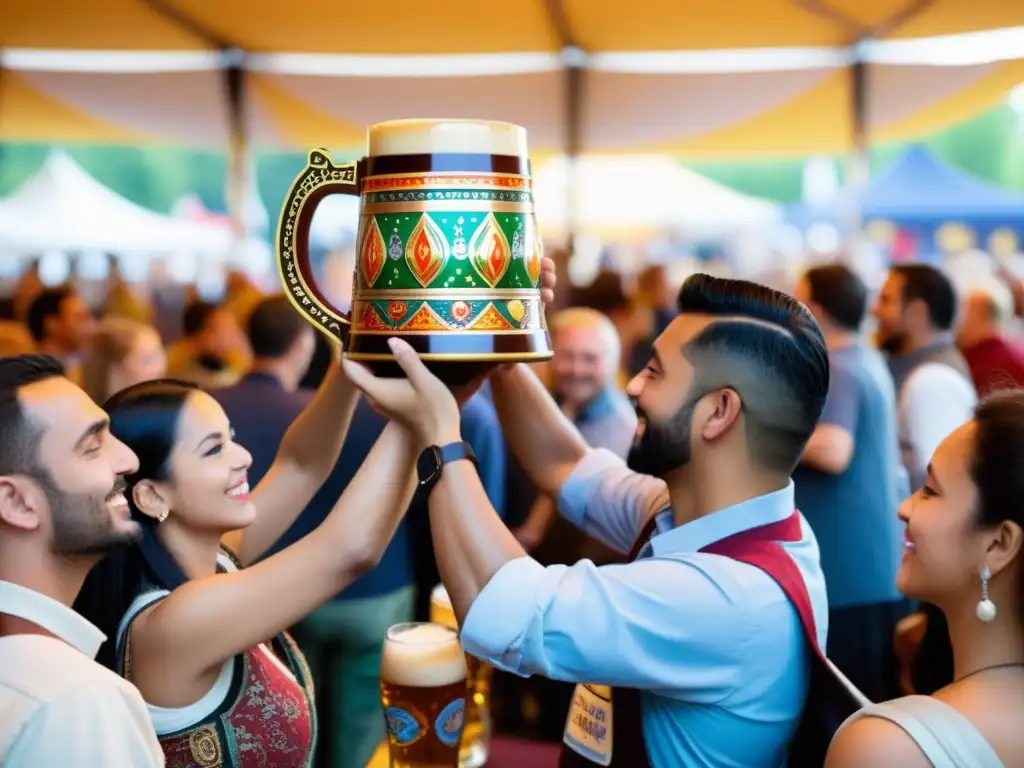 Grupo diverso en festival de cerveza, celebrando identidad cultural con tradiciones, música y ornamentos únicos en las jarras de cerveza